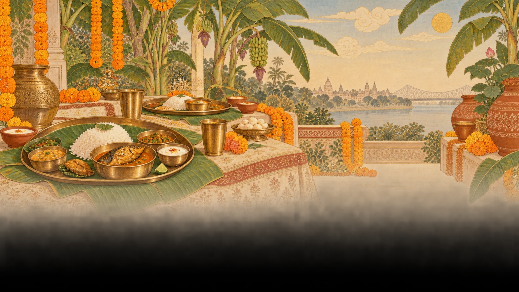 Bengali feast spread with banana leaves