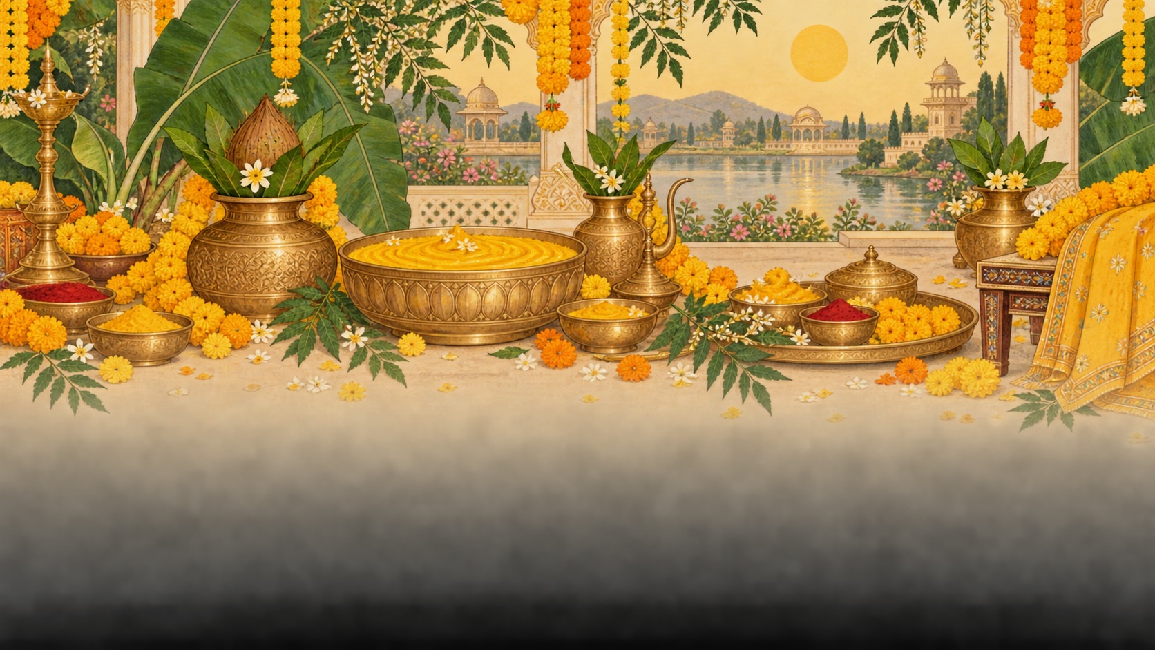 Haldi ceremony with brass vessels and marigolds